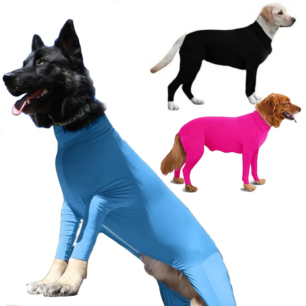 Showlu Dog Pajamas calming anxiety onesie and surgery recovery suit on a small dog, soft fabric with a snug fit for comfort.