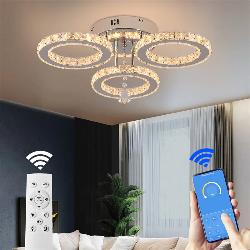 Modern Crystal Chandelier by Deckrico in chrome finish, flush mount LED ceiling light with elegant hanging crystal details.