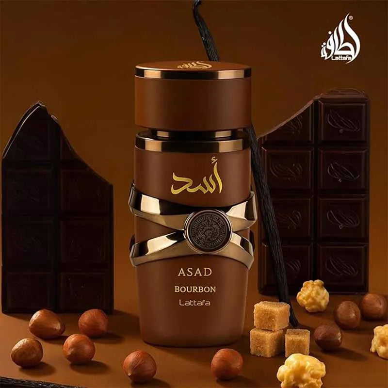 Unisex Lattafa Asad Bourbon Eau De Parfum in 100ml bottle, Arabian fragrance with elegant packaging and dark-colored liquid.