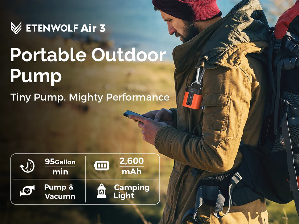 ETENWOLF Air 3 Ultra portable air pump by Showlu Smart General with LED display, fast charging, for inflating camping mattresses.