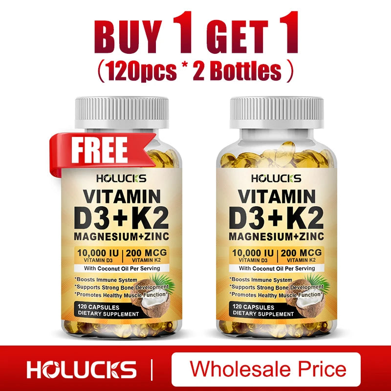 Vitamin D3 K2 Capsule, with Coconut Oil, Promotes Strong Bones, for Teeth,Heart Cardiovascular Health, Magnesium+Zinc Supplement