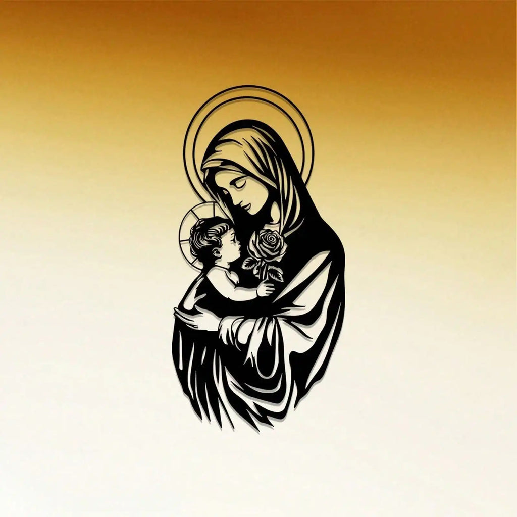 Black metal wall art featuring the Virgin Mary, a religious home decor piece with intricate details and a timeless design.