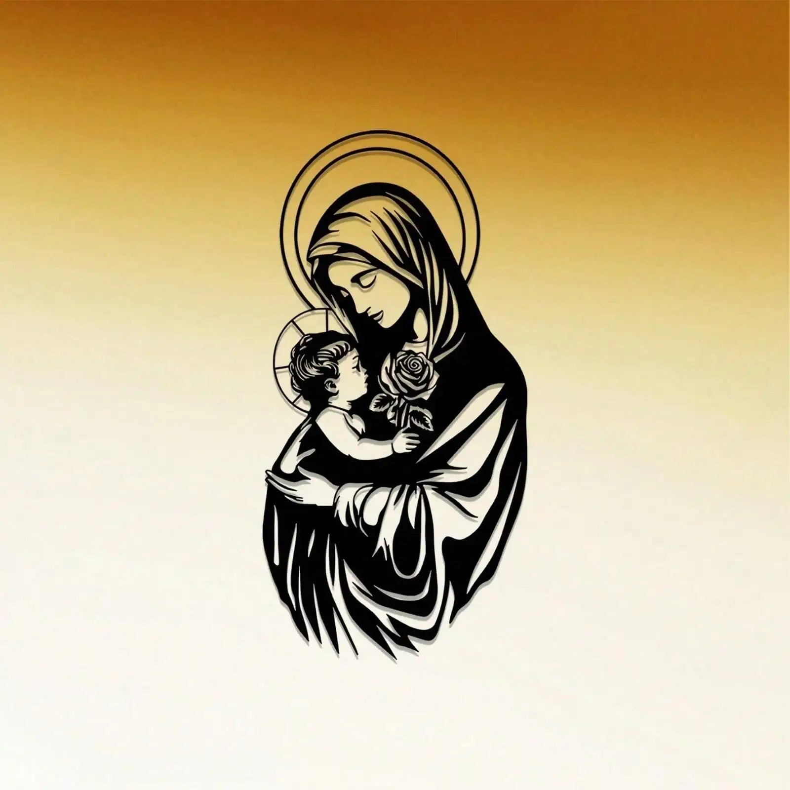 Black metal wall art featuring the Virgin Mary, a religious home decor piece with intricate details and a timeless design.