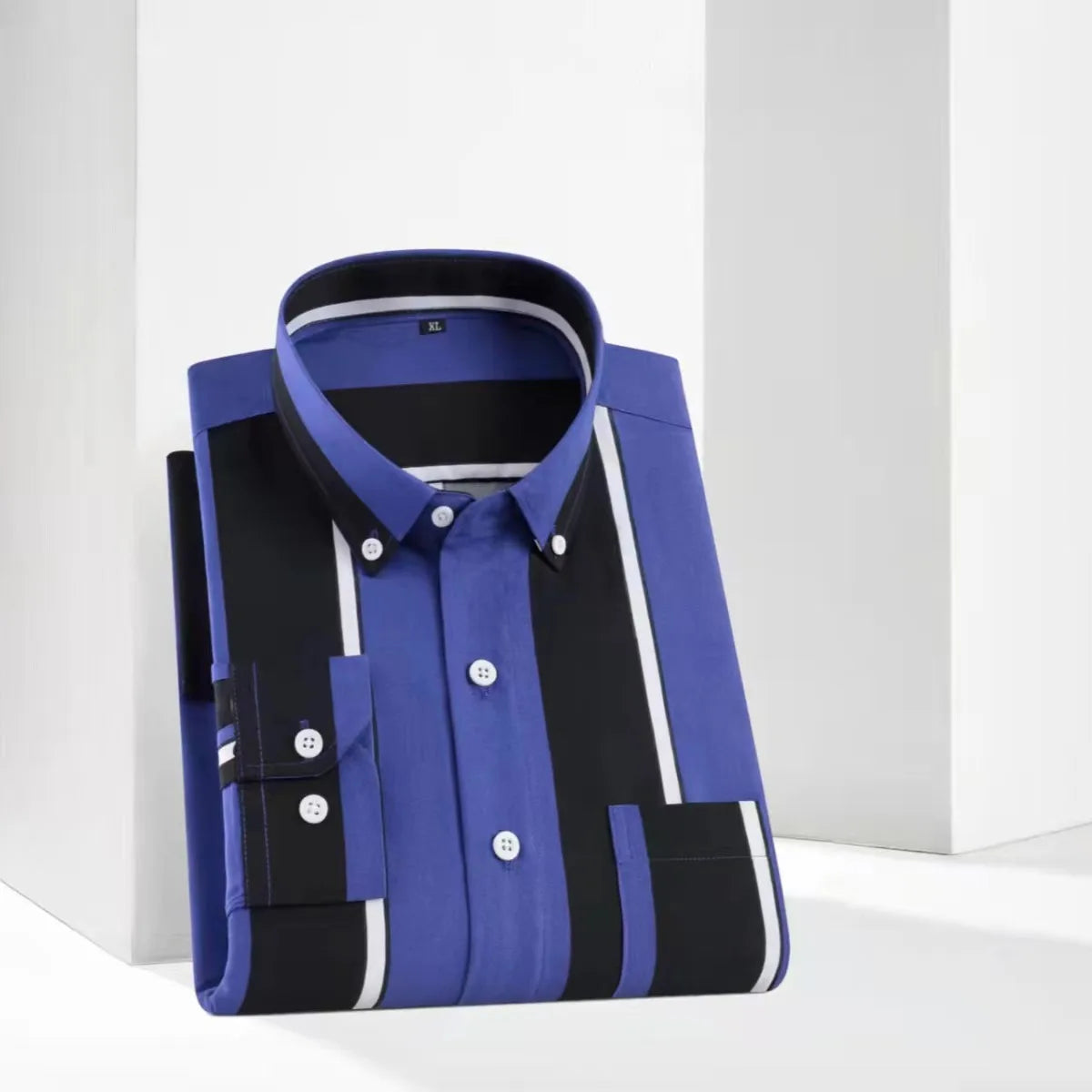 Men's printed long-sleeved striped casual shirt with front pocket, slim fit, suitable for spring and autumn, from Showlu Fashion.