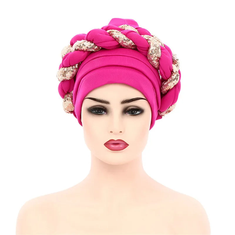 Sequins Braid Turban Cap for women African autogele Headtie