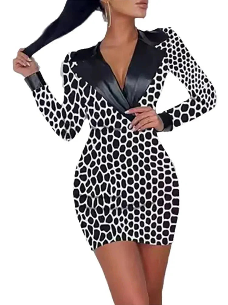 Women's V-neck PU splicing mini sheath dress with long sleeves, stylish and form-fitting from SHOWLU FASHION STORE.