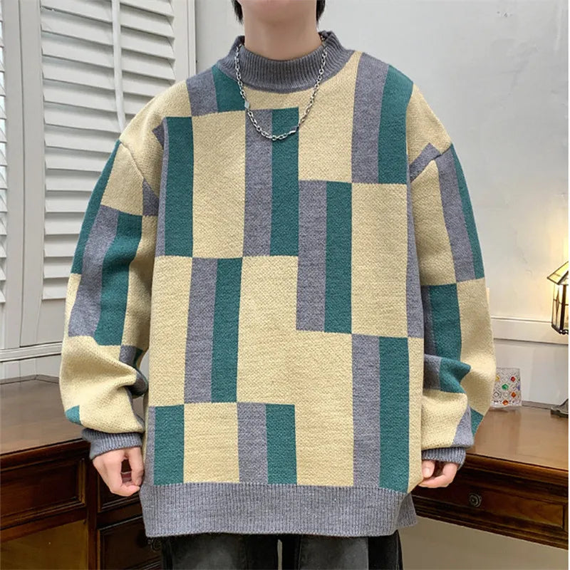 Men's autumn winter mock neck plaid knit sweater, casual loose fit, warm and stylish, youthful Y2K fashion by Showlu.