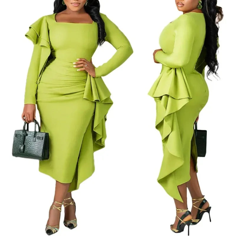 Elegant green African long sleeve bodycon dress for women, perfect for parties and autumn events, by Showlu Fashion.
