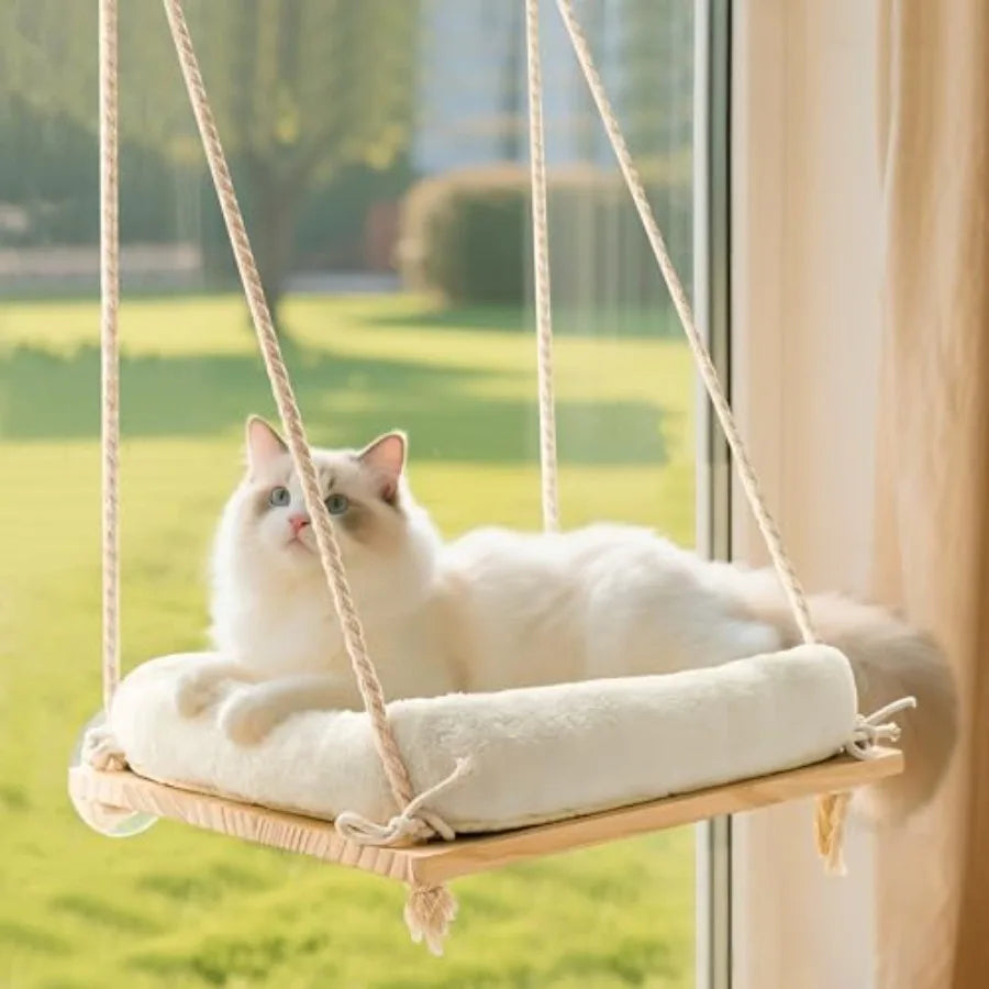 Rustic Showlu Cat Window Perch with solid wood frame and plush cushion, perfect for cozy feline lounging by the window