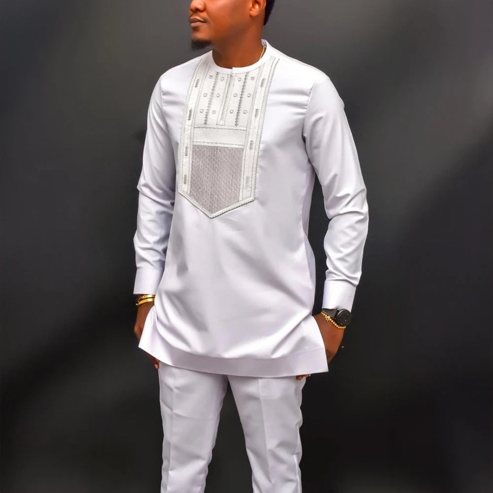 New In African Summer Business Men's Short Sleeve Suit Embroidery Dashiki Shirt Pants Sets 2 Pieces Outfits Wedding Party 2025
