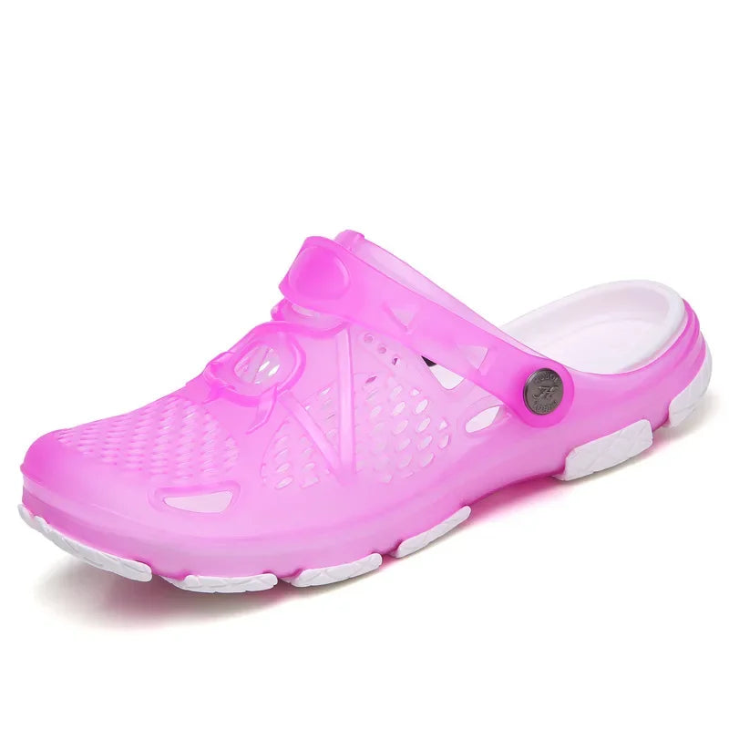 Showlu Women's casual jelly sandals with flat soles, designed for outdoor beach and water activities, showcasing transparent water shoes.