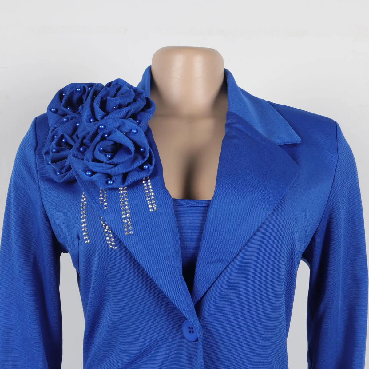 SHOWLU FASHION floral two-piece suit jacket and mid-calf dress with diamond accents, stylish formal outfit for women.