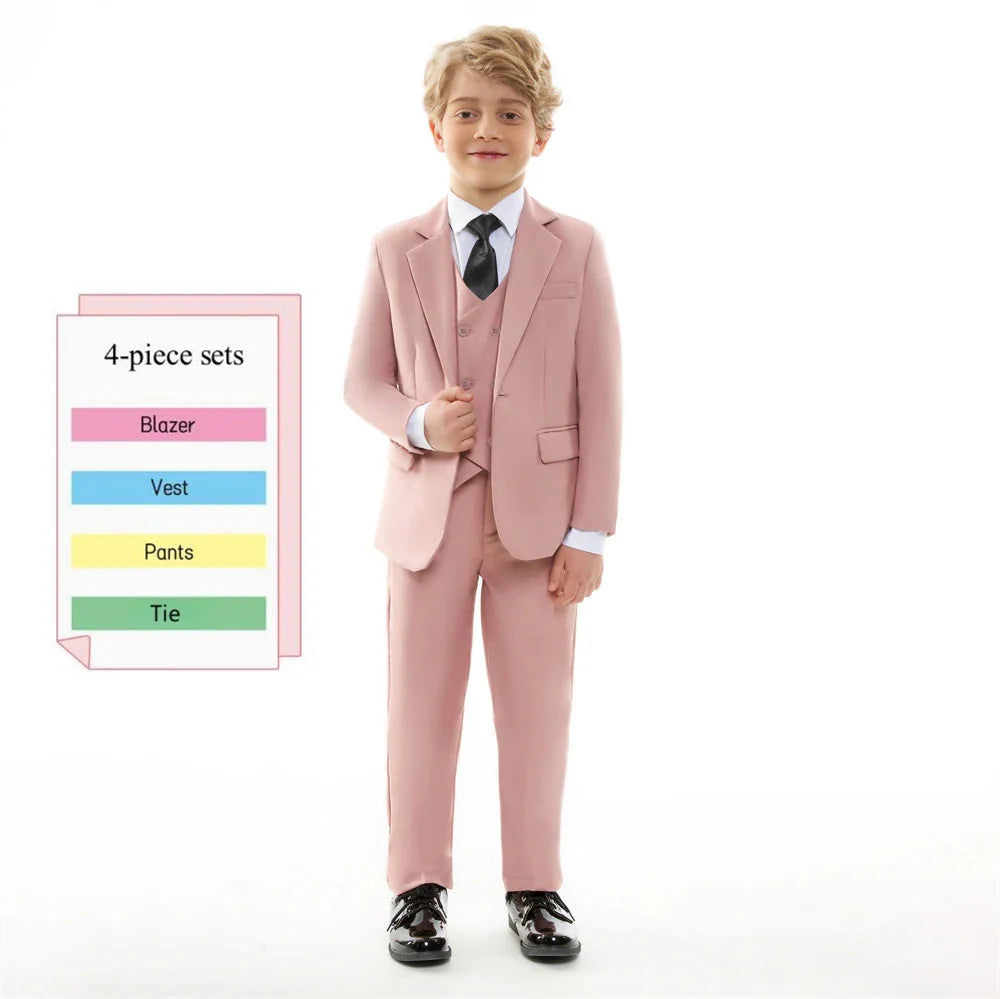 SHOWLU beige boys' 4-piece formal suit set with tuxedo jacket, shirt, pants, and bow tie, ideal for weddings and special occasions.