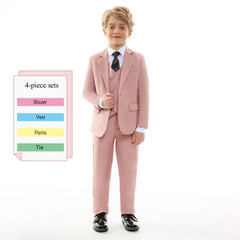 Beige Boy's Formal Suit Set, 4 Pieces Regular Fit Kids Smart Prom Suits, Jacket Vest Pants Tie Classy Solid Tuxedo For Wedding SHOWLU FASHION STORE
