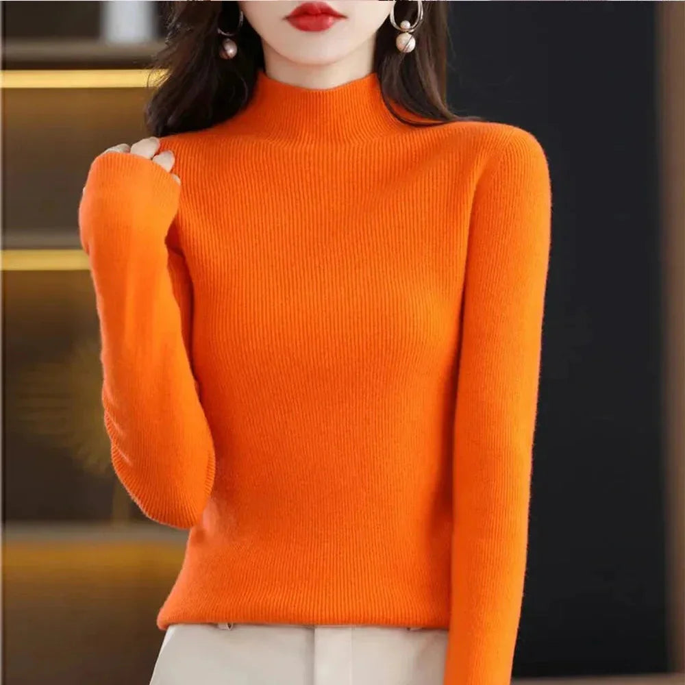 X-G-Xinde women's slim fit pleated pullover sweater with half high collar and pleated design, shown in a stylish black color.