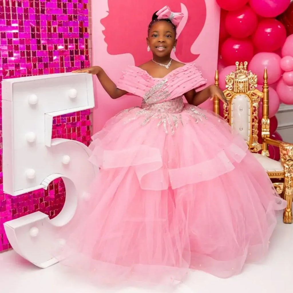 Luxury Pink Girl's Birthday Party Dresses Customized Ball Gown Flower Girl Dresses Off Shoulder Princess Girl Pageant Gowns