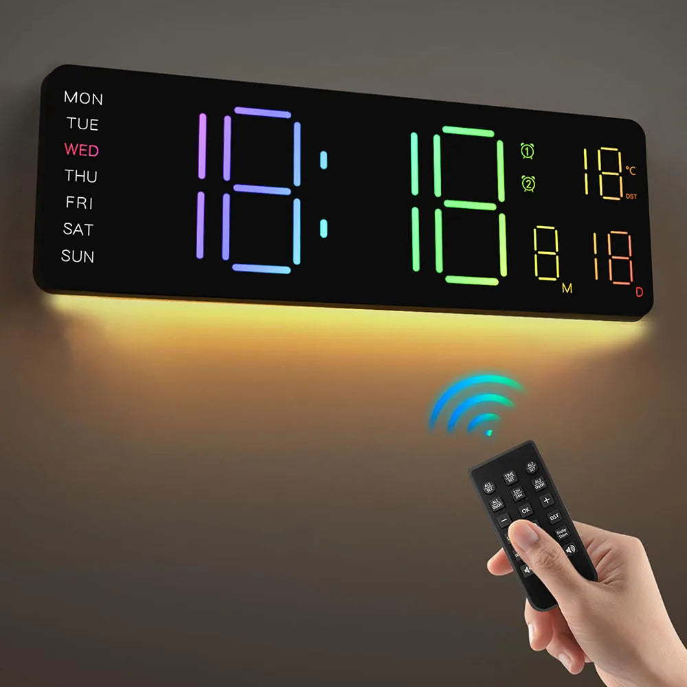 13-inch LED digital wall clock with RGB night light by Showlu Smart General showing time display and colorful lighting effects.