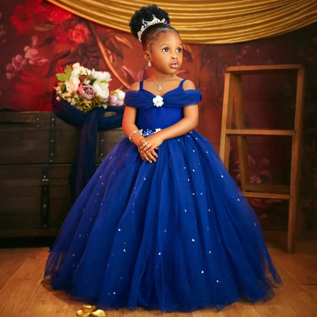 Princess Royal Blue flower girl dress with tulle skirt and floral detailing, custom pageant wear by 1170uf-he.