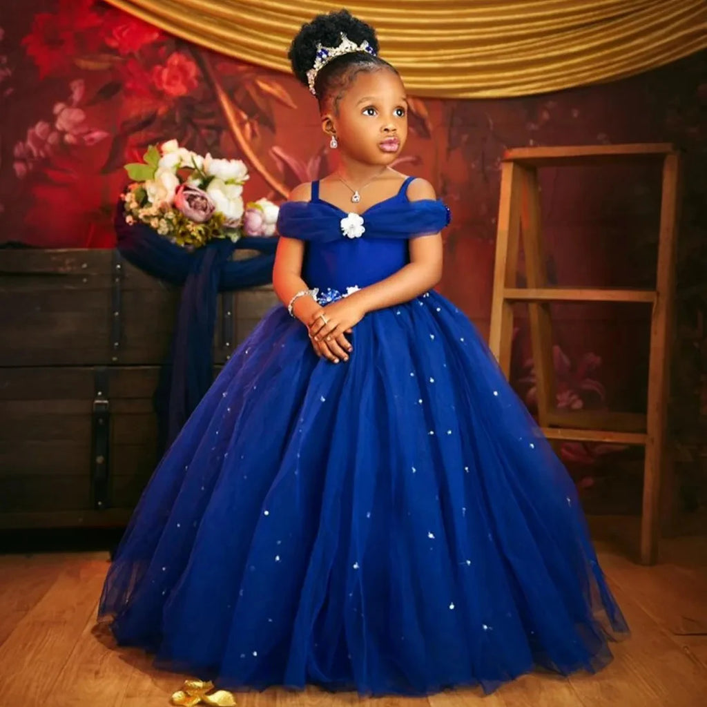 Princess royal blue flower girl dress by Showlu Fashion Store, beaded tulle toddler gown for wedding and formal occasions.