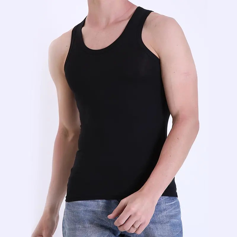 Set of five men's cotton tank tops by Showlu Fashion, plus size fitness vests in black, white, and gray, displayed on mannequins.