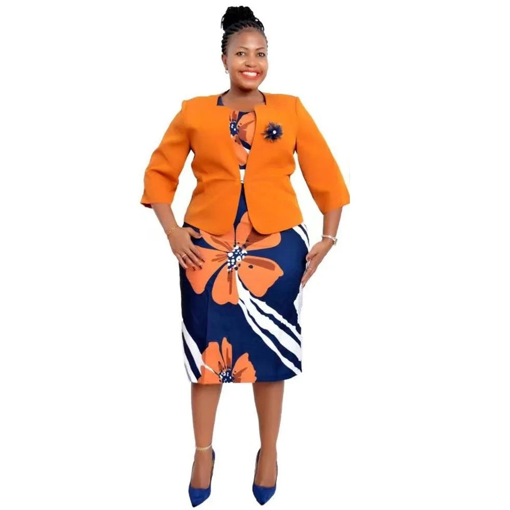 Plus Size Fashional New Arrival African Office Ladies Floral Print Coat and Dresses Suits For Eleagant Women
