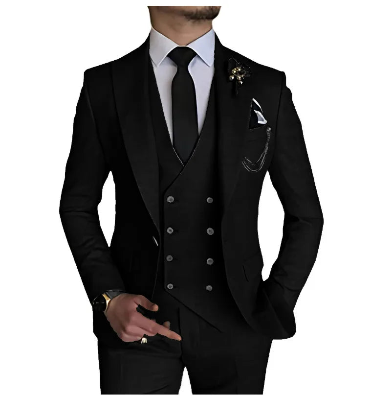 Men's three-piece business casual suit set by Showlu Fashion, featuring a dress shirt, blazer, vest, and matching trousers.