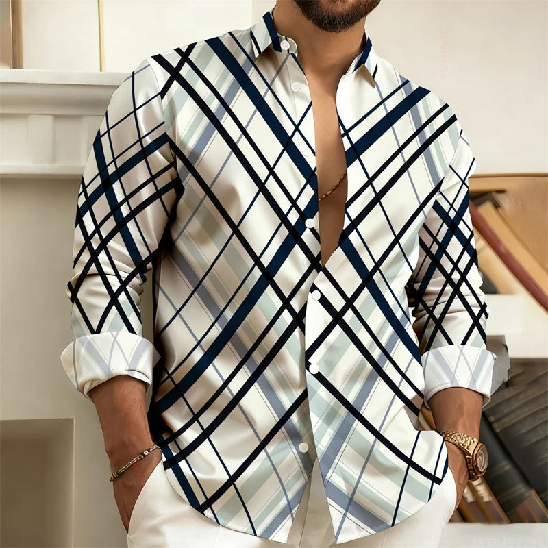 Men's plaid long-sleeved casual shirt by Showlu Fashion Store, stylish and comfortable, available in sizes S-6XL.
