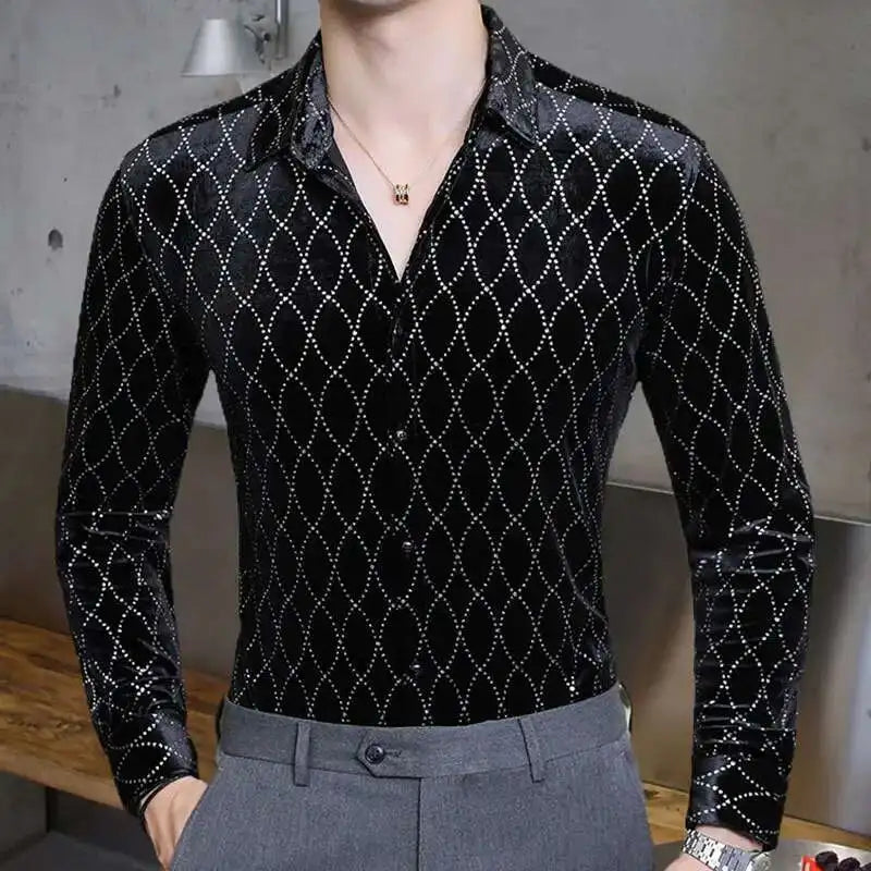 Dark green velvet long sleeve men's dress shirt with slim fit and gold accents, ideal for fall, from Showlu Fashion.