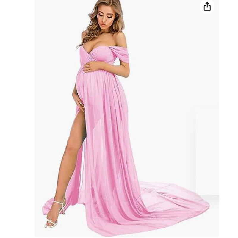 Elegant chiffon maternity dress with a long train, designed for photoshoots, by Showlu Fashion Store, featuring a split design.