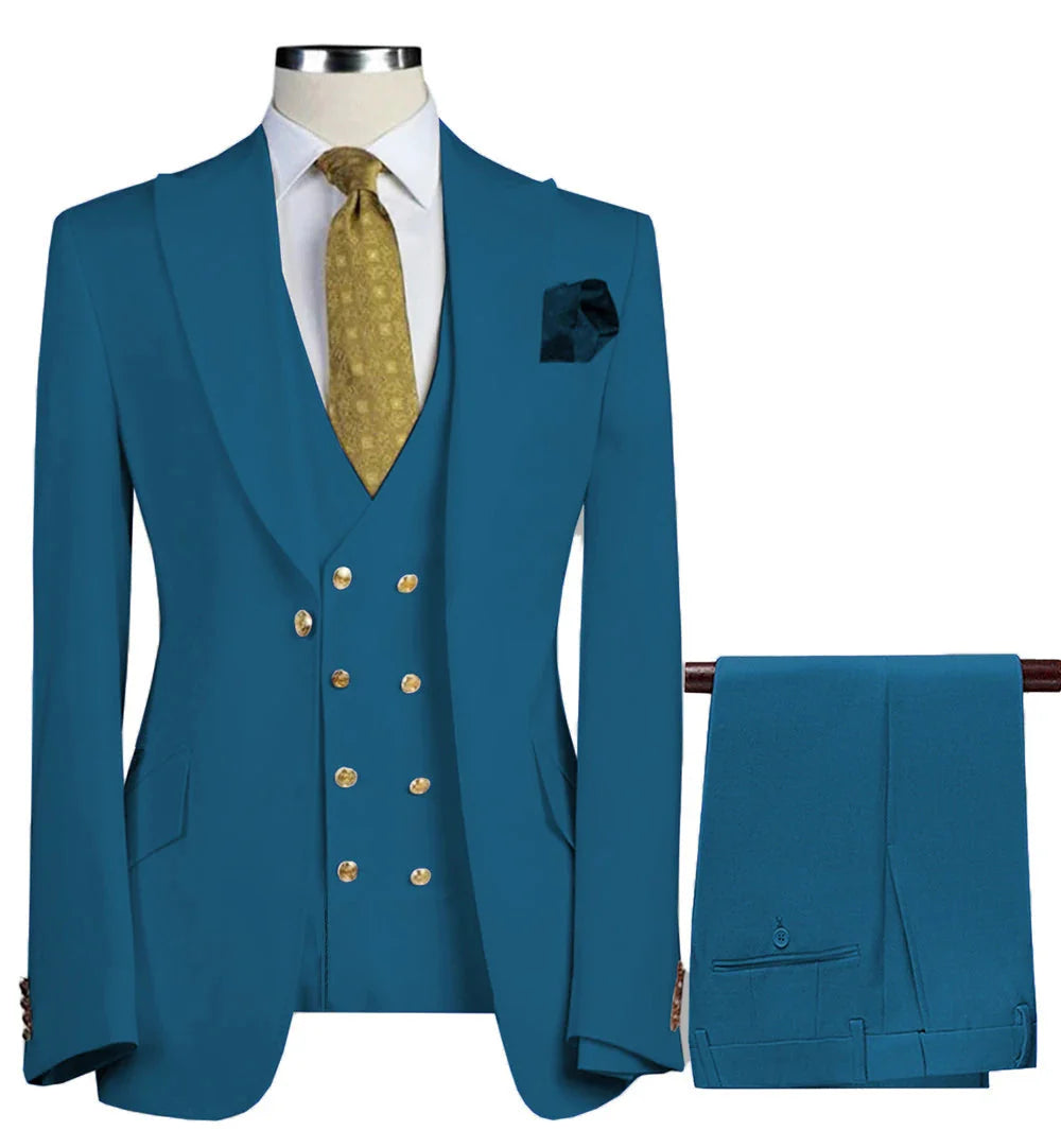 Men's slim fit wool blend tuxedo suit with three-piece design, including jacket, vest, and trousers, for formal business occasions.