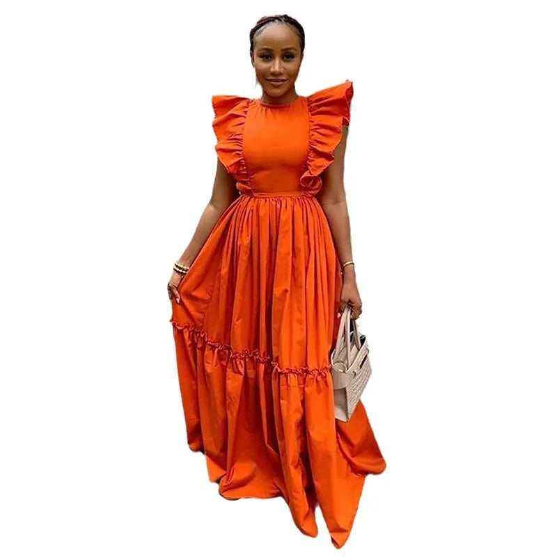 Showlu Fashion women's summer 2025 flounce short sleeve round neck waist long swing dress, casual elegant gown in soft fabric