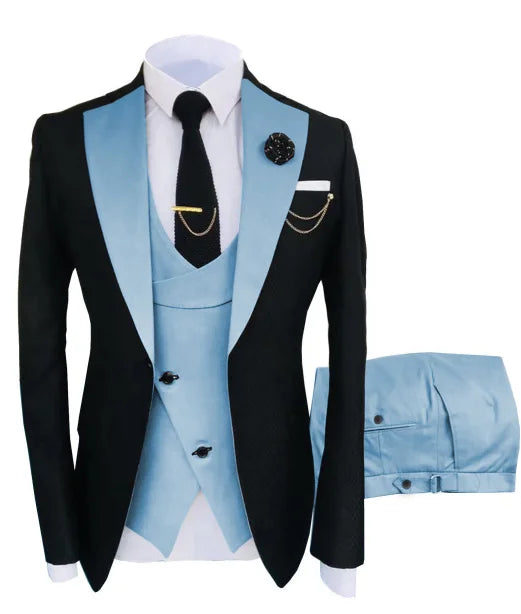 Luxury men's tuxedo 3-piece set including jacket, trousers, and vest, perfect for parties, groomsmen, or formal events.