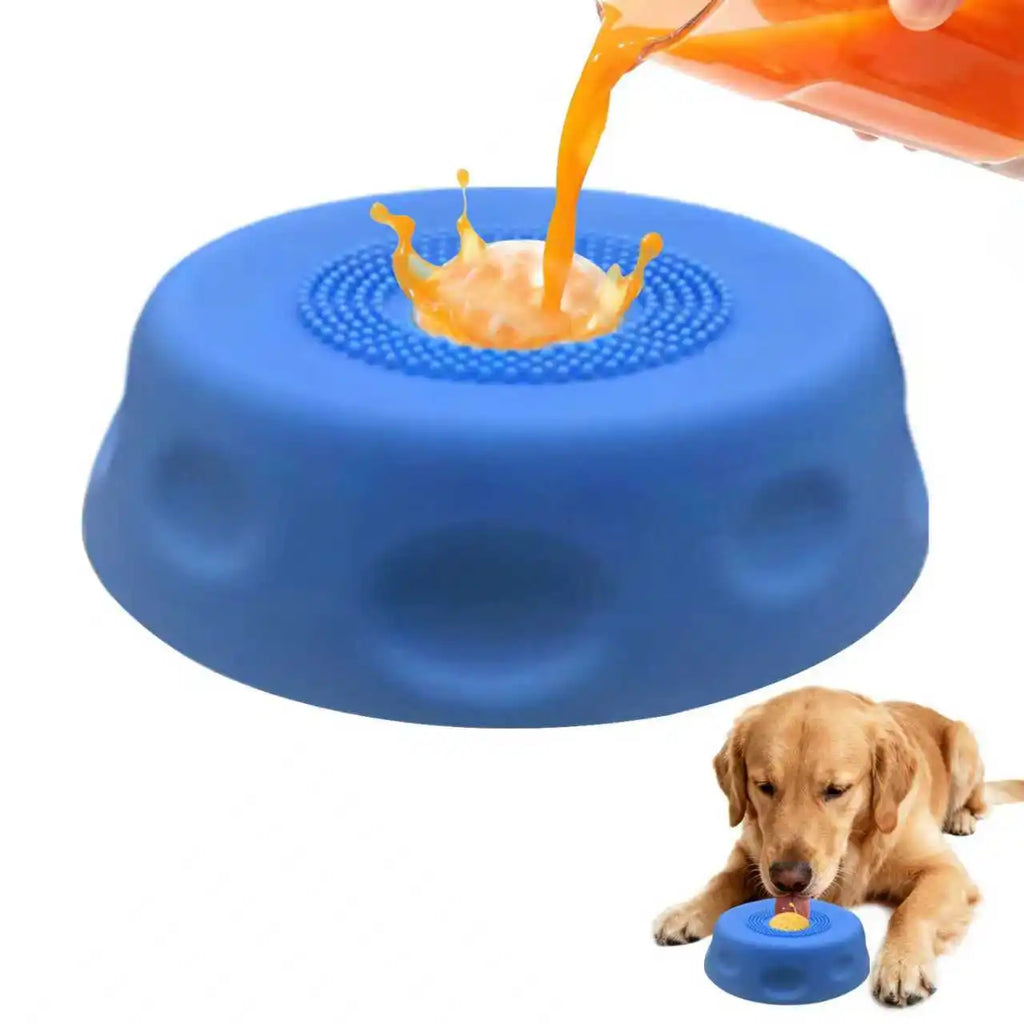 Slow feeder dog bowl with ball-in design, bone broth licking bowl for pets, anti-slip surface, ideal for entertaining liquid treats.