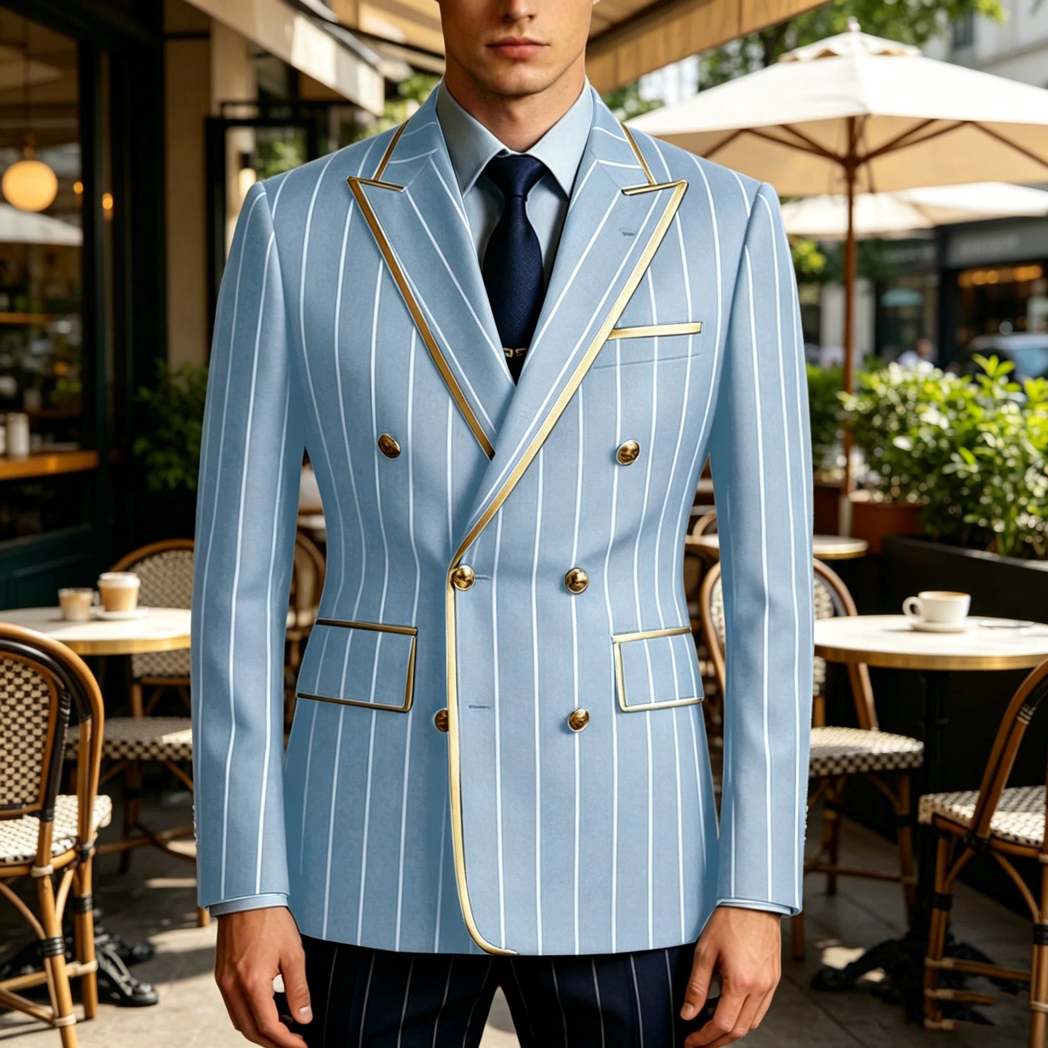 Men's Pinstripe Blazer Double Breasted Gold Trim Slim Fit Suit Jacket Peak Lapel Business Formal Tuxedo Coat for Wedding Prom