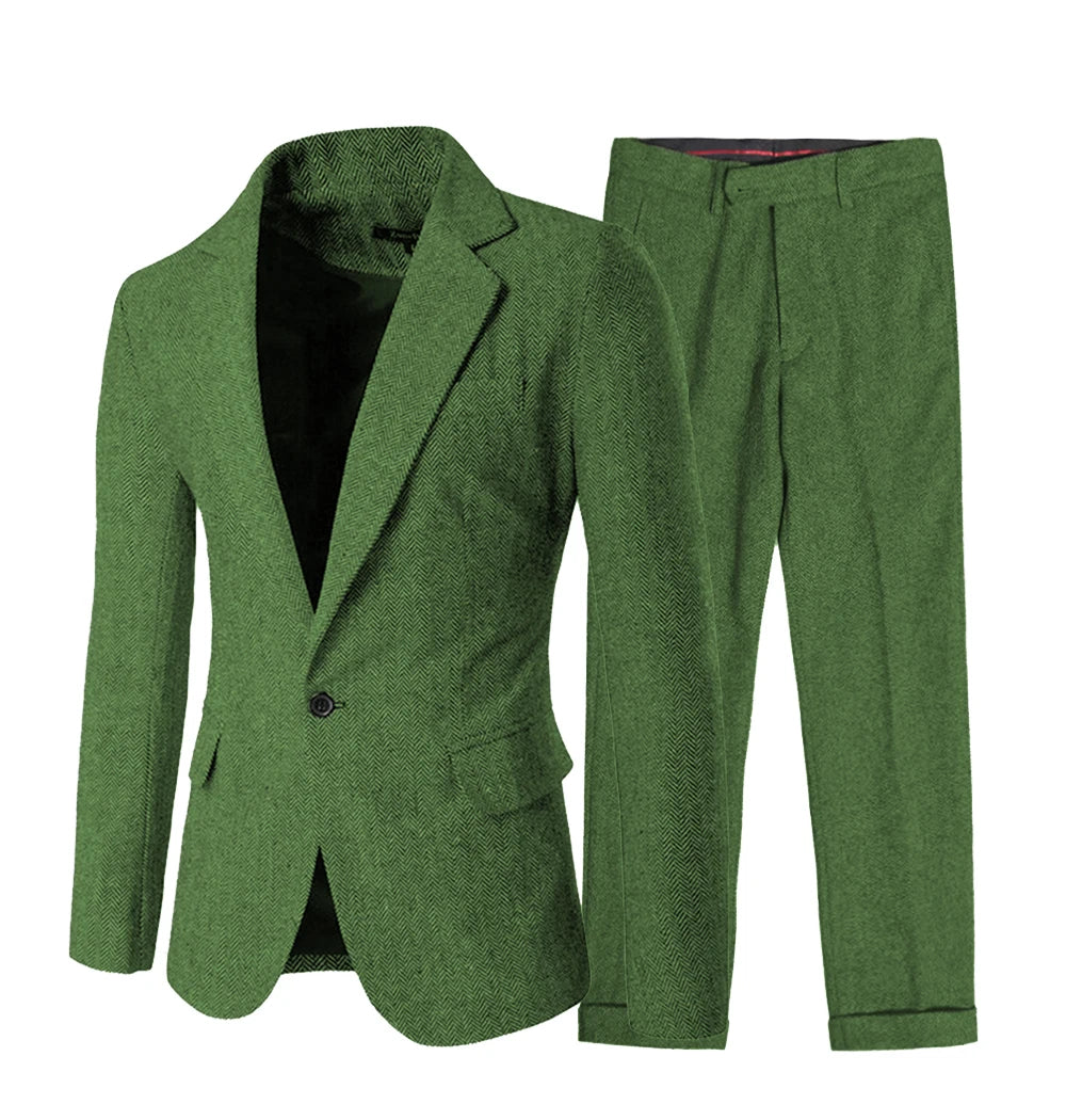 Elegant Men's Suit Set 2 Pieces Classic Fit One Button Daily Business Suits Herringbone Wool Wedding Groomsmen(Blazer+Pants)