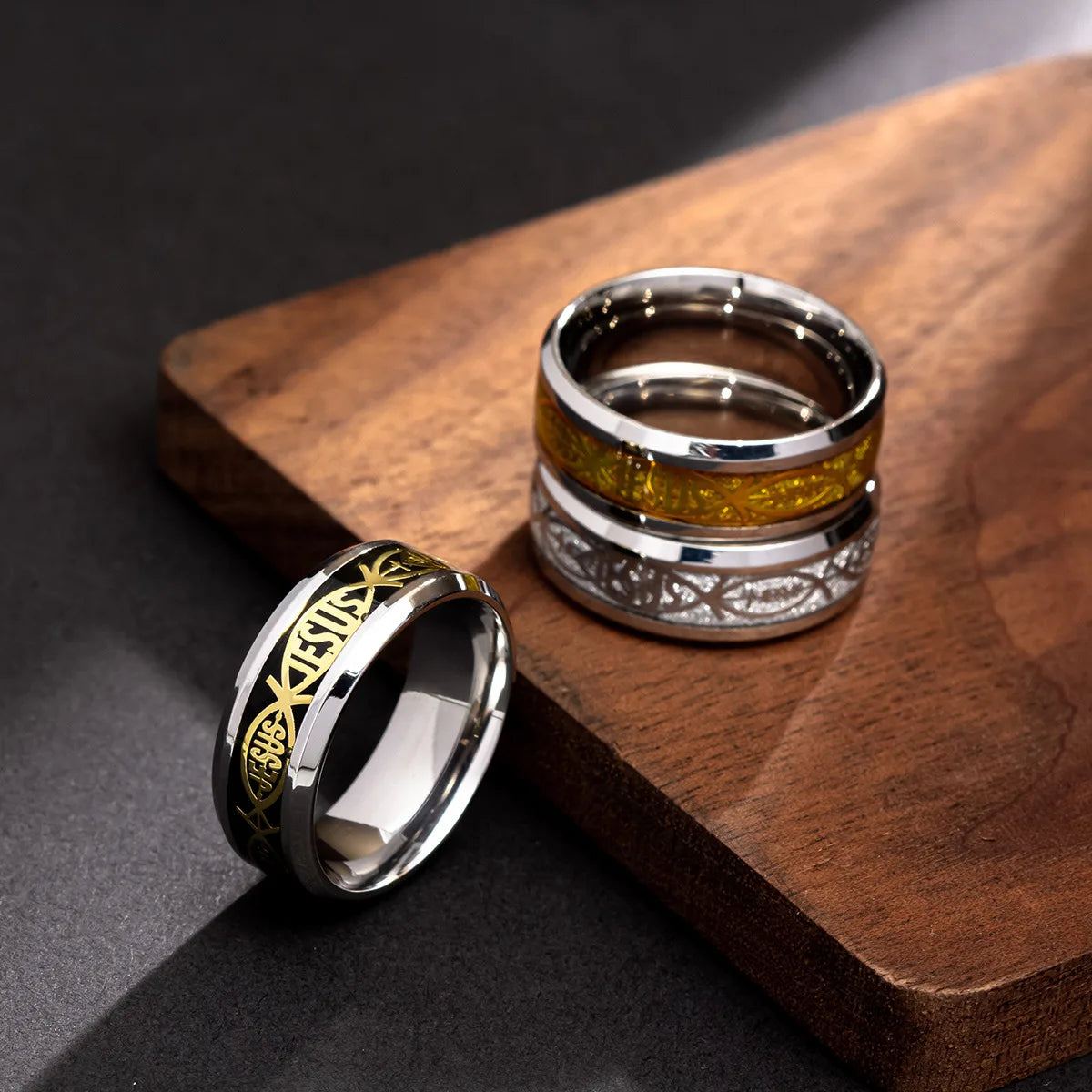 Showlu Jesus Cross ring in 316L stainless steel, featuring a detailed religious design and polished finish.