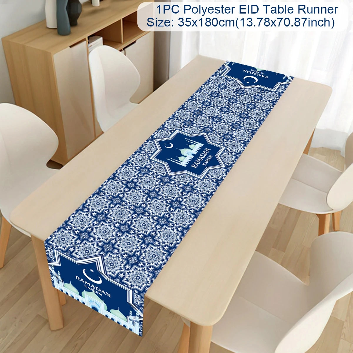 Ramadan decoration table runner by Showlu Fashion Store with Eid Mubarak design for Islamic home table decor during Eid al-Fitr.