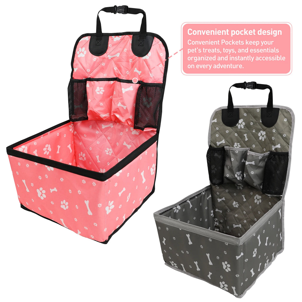 Showlu Portable Dog Car Booster Seat in nylon with safety straps and storage compartment, designed for secure pet travel in vehicles.