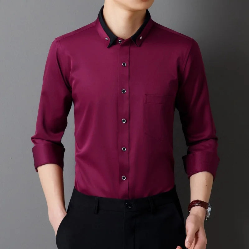 Men's Shirt Long Sleeve Elastic Wrinkle Proof Business Office Spring and Autumn Top Classic Solid royal blue -Black -White-green