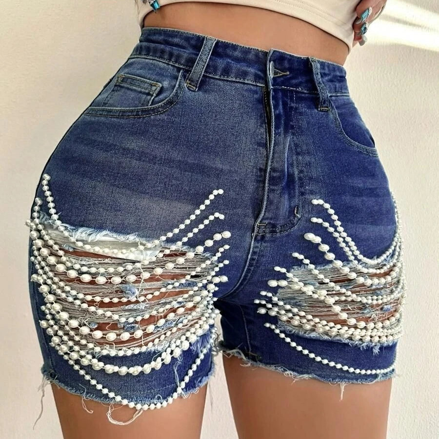 Women's high waist ripped denim shorts with pearl chain detail, stylish and trendy by SHOWLU FASHION STORE.
