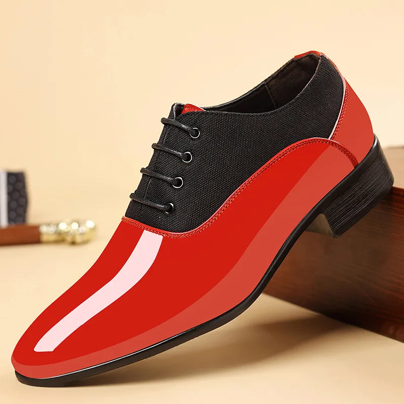 Men's black patent leather Oxford dress shoes with pointed toe, suitable for weddings and formal occasions.