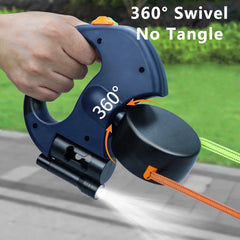 A hand holds a blue retractable dual dog leash featuring a 360-degree swivel and built-in light.