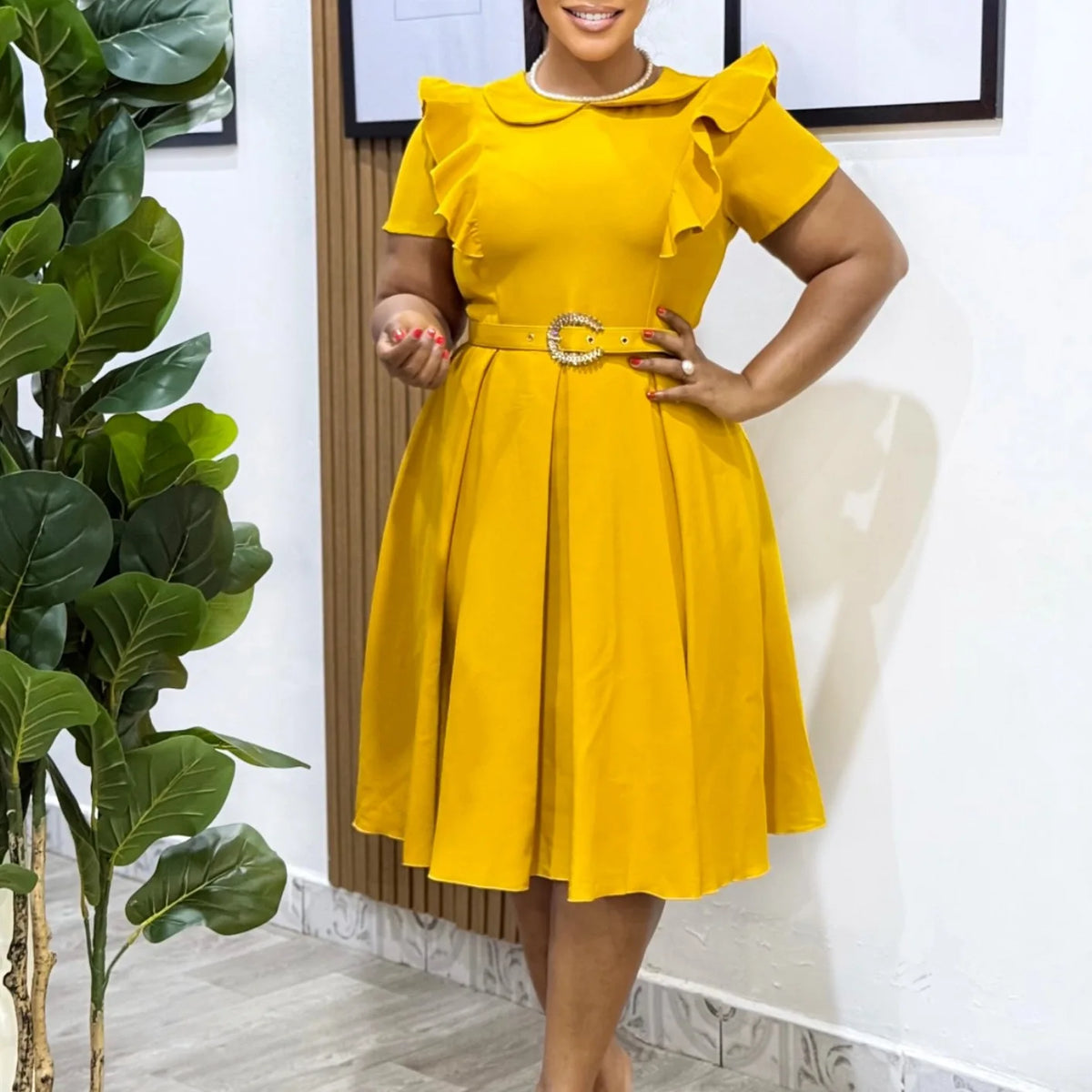 Elegant African Dresses for Woman O Neck Short Sleeve Belt Waisted Pleated Mid Calf Professional Business Work Wear Dress Midi