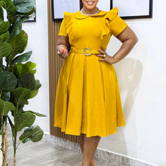 Elegant African Dresses for Woman O Neck Short Sleeve Belt Waisted Pleated Mid Calf Professional Business Work Wear Dress Midi