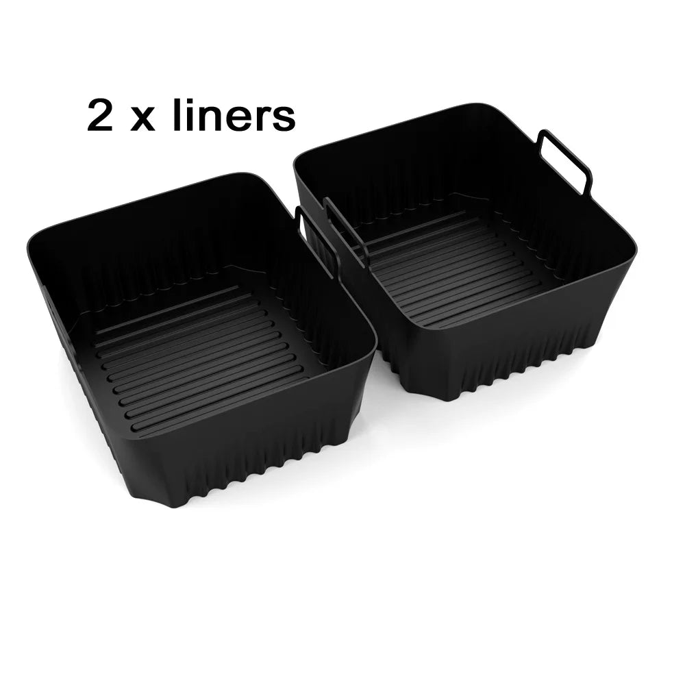 Silicone Air Fryer Basket by Showlu Smart General showing a black, non-stick basket with ventilation holes for healthy cooking.