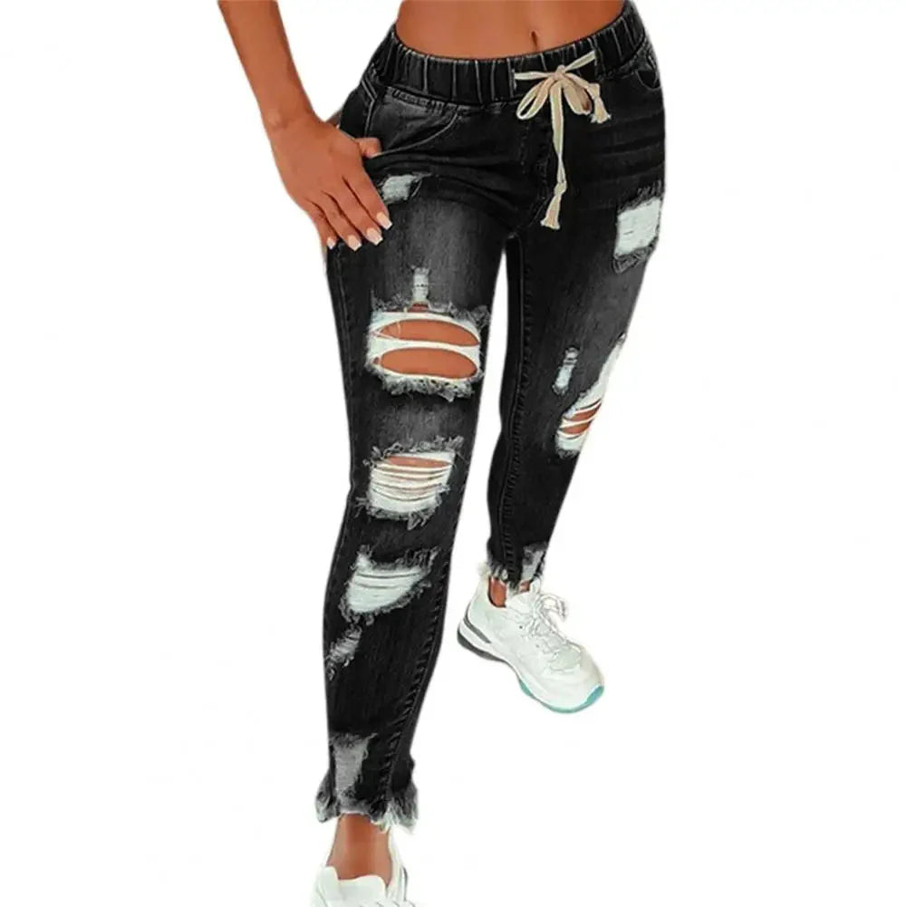 Stretchy Ripped Hole Jeans Women 2024 Straight Denim Trousers Female High Waist All-Match Casual Denim Pants New Streetwear SHOWLU FASHION STORE