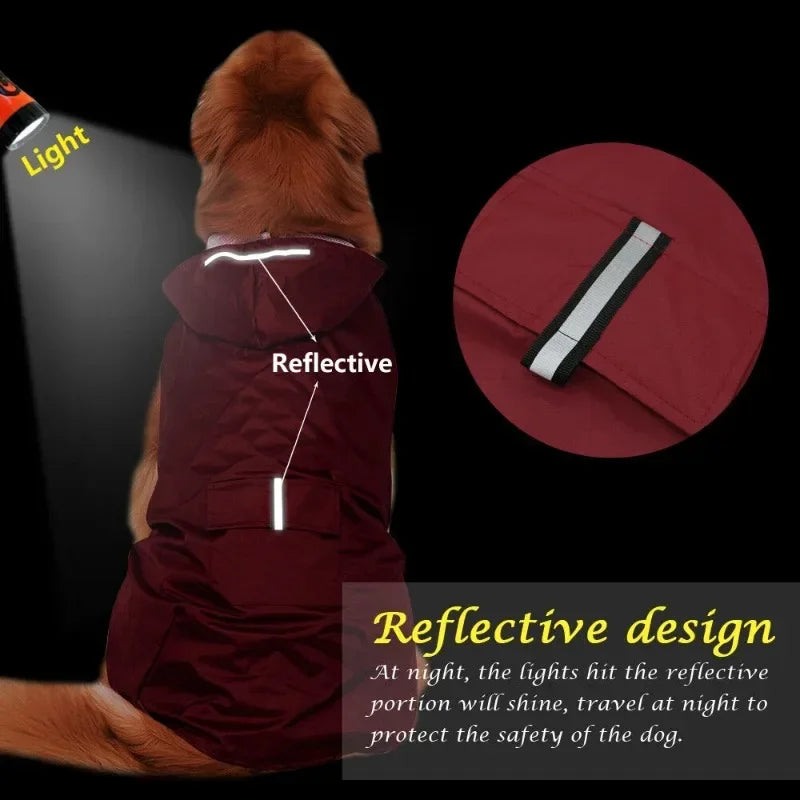 Reflective hooded waterproof dog raincoat by Showlu Fashion Store, suitable for all sizes, with adjustable fit and bright reflective details.