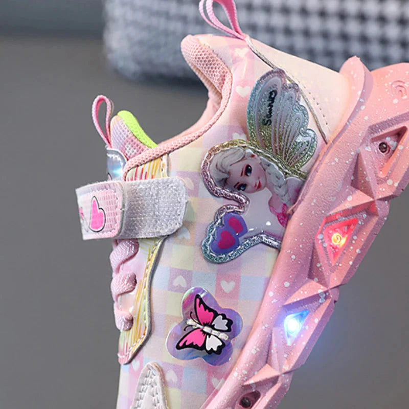 Pink and purple leather sneakers for girls featuring Disney Frozen Elsa LED lights, perfect for kids' casual wear