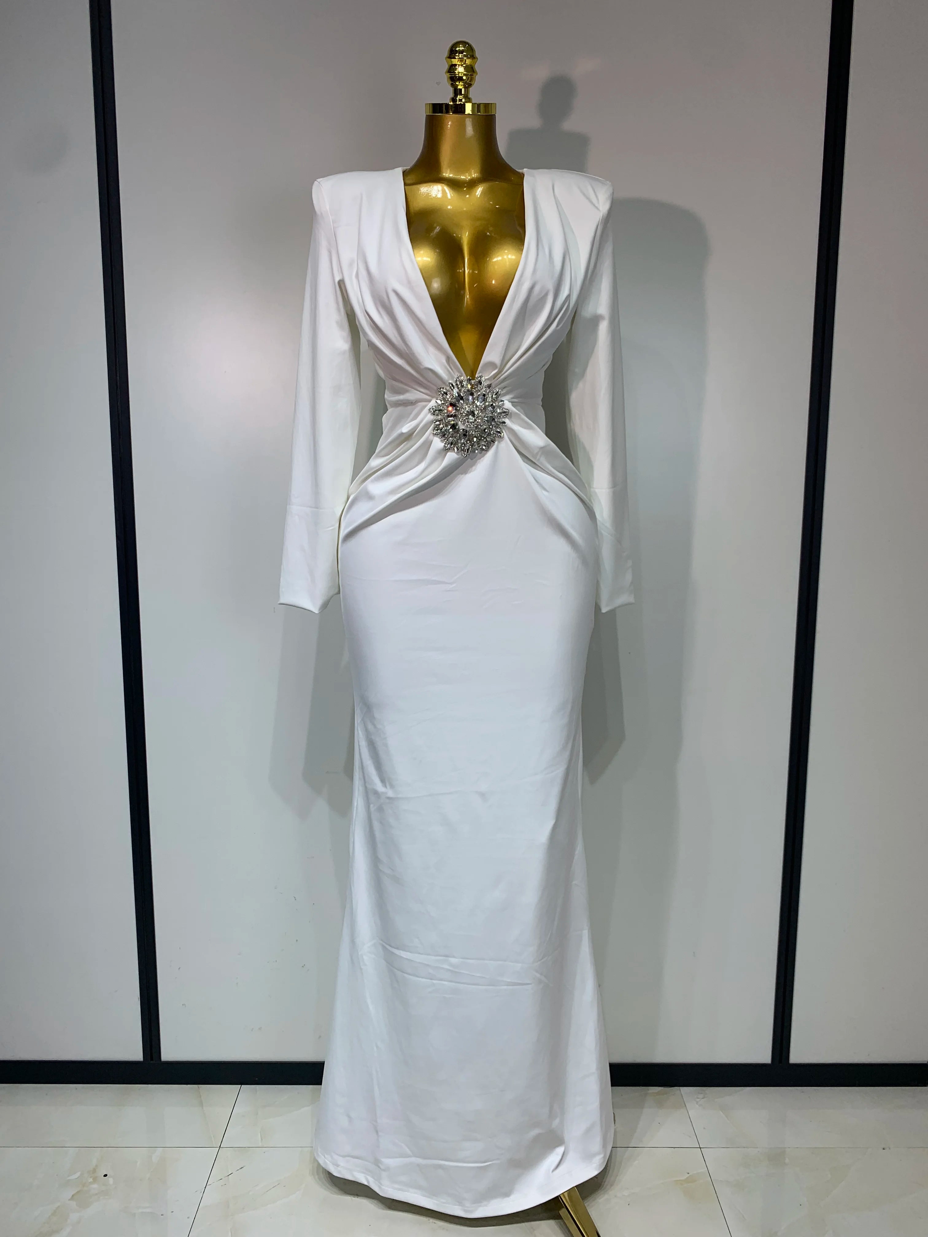 Women’s long sleeve deep V-neck bodycon evening dress by Showlu Fashion, perfect for parties and celebrations.