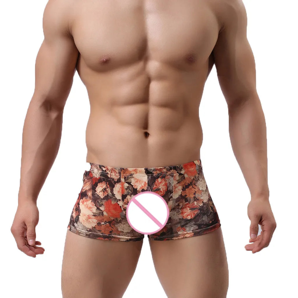 Men's nylon printed boxer shorts with pouch from Showlu Fashion Store, featuring colorful patterns and comfortable fit.